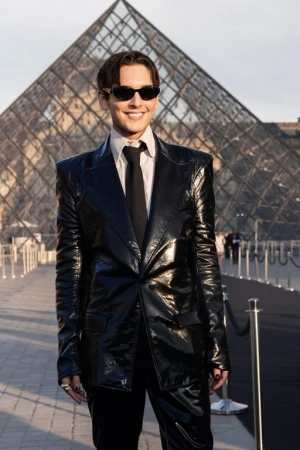 Man poses in a black suit with sunglasses in front of the glass pyramid at the Louvre Museum on a sunny day.