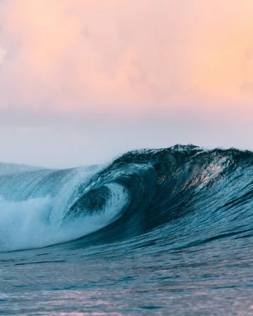 A mesmerizing turquoise wave curls in the ocean against a soft pink and gray sky, showcasing the power and beauty of nature.