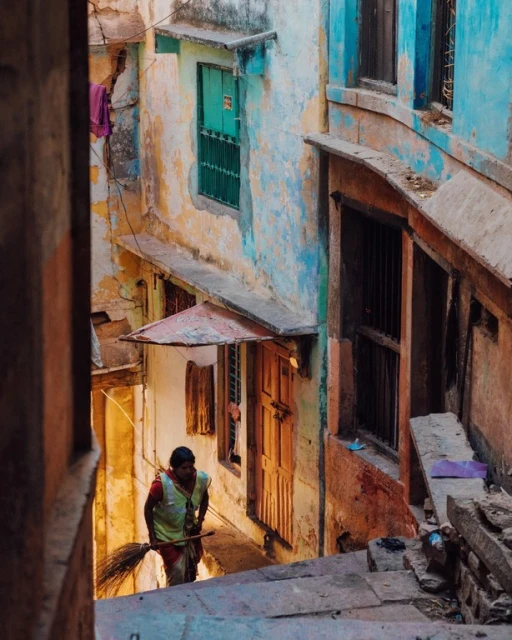 Woman sweeps street in a historic district. Buildings are painted in shades of blue and yellow, with architectural details and windows.