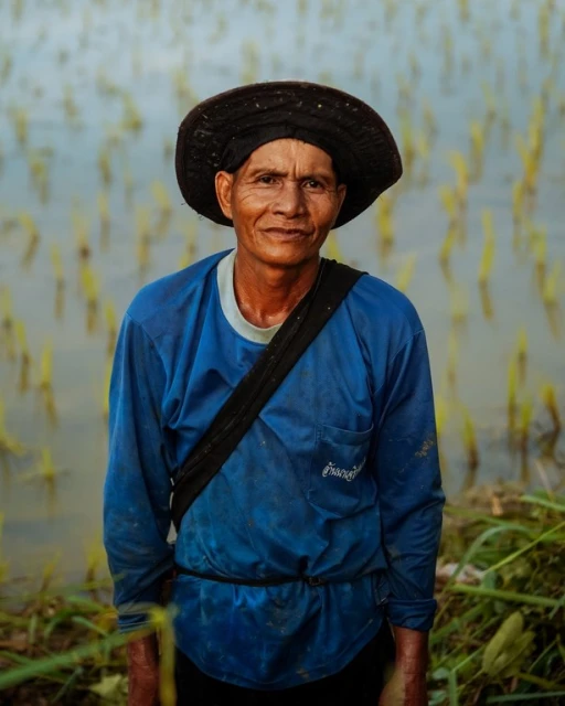 Adult male farmer wearing a hat and blue long-sleeved shirt stands in a verdant rice field with a bag slung across his chest.