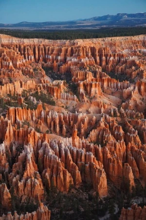 Bryce Canyon National Park aerial view featuring striking red rock formations, trees, and a clear blue sky offering a captivating landscape.