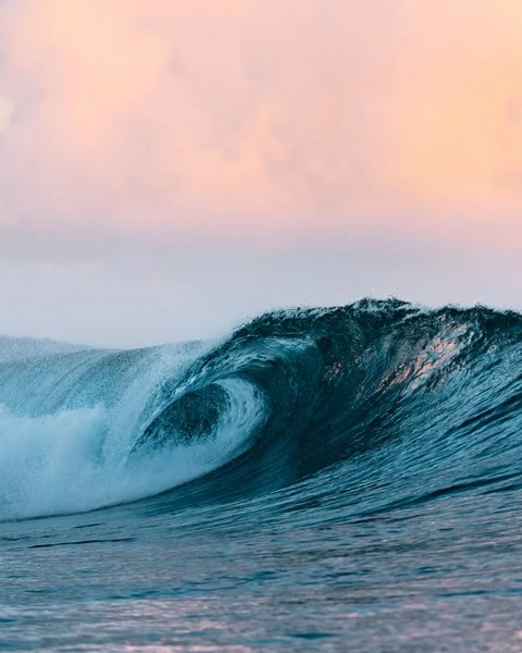 A powerful ocean wave curls beneath a pastel sky, showcasing its deep blue hues and dynamic movement in a natural setting.