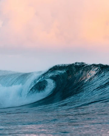 A powerful ocean wave curls beneath a pastel sky, showcasing its deep blue hues and dynamic movement in a natural setting.