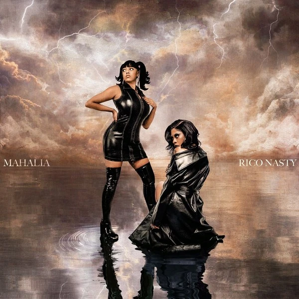 Two women pose in shiny black outfits against a dramatic sky backdrop, reflected on a water-like surface, evoking a bold, artistic aesthetic.