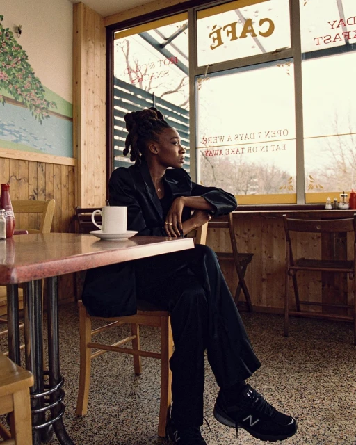 Woman in cafe sitting at a table with coffee, wearing a black suit and sneakers. Light brown walls and light filtering through the window.