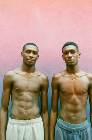 Two shirtless young Black men posing together against a textured pink and blue gradient wall in London by Danika Magdelena