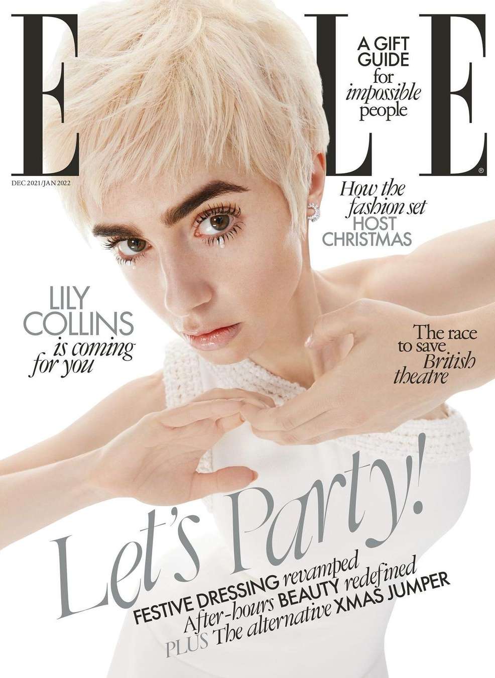 Elle magazine cover featuring Lily Collins with short blonde hair, wearing a white top against a white background with graphic title text.