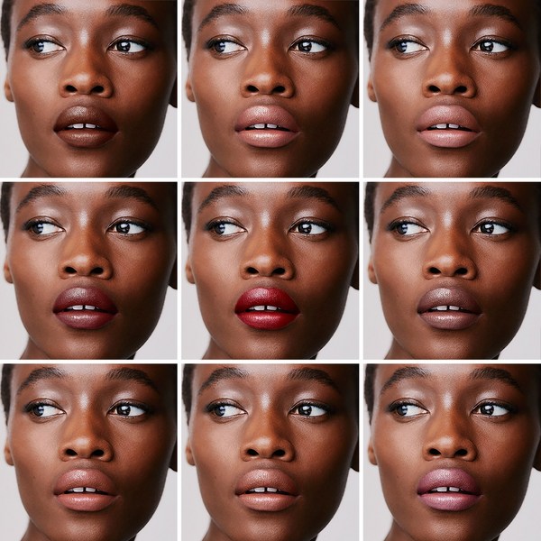 Close-up beauty grid showing a Black woman wearing different shades of lipstick and lip gloss against a white background