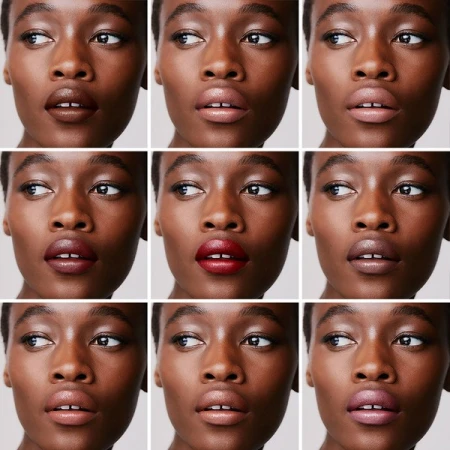 Close-up beauty grid showing a Black woman wearing different shades of lipstick and lip gloss against a white background
