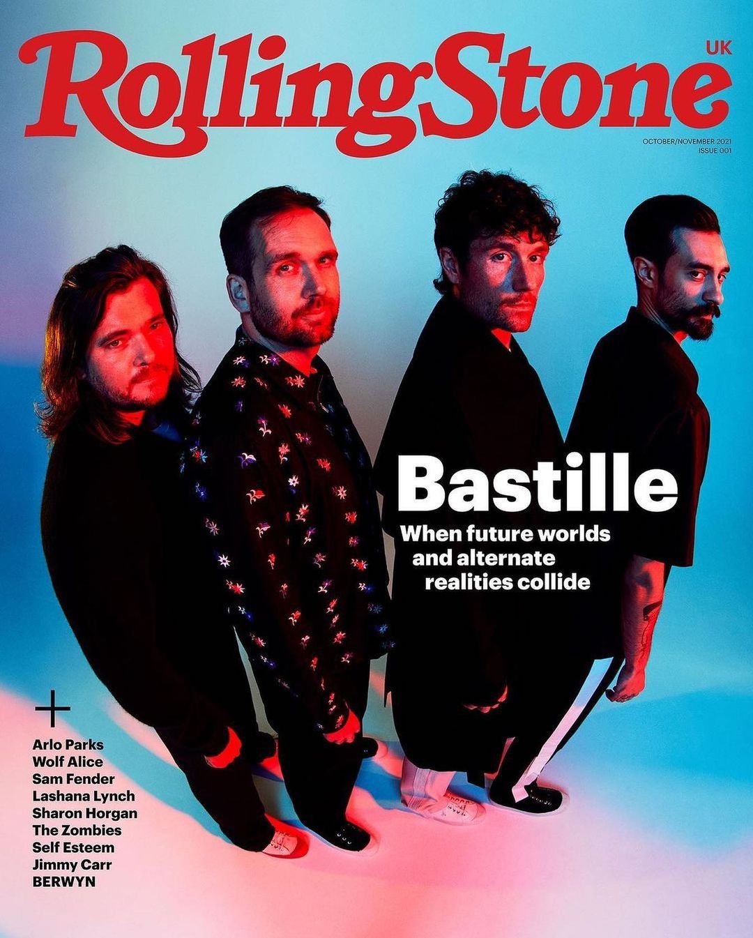 Rolling Stone UK cover featuring four adult males standing indoors with colorful lighting and the Rolling Stone logo displayed on top.
