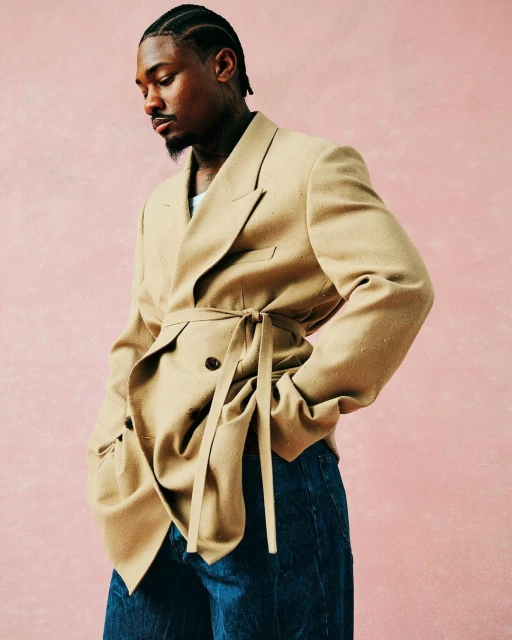 Adult male wearing a belted tan jacket and jeans poses indoors against a mottled pink background in a medium shot, looking down.