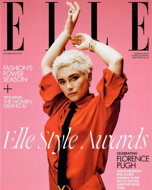 Elle magazine cover featuring Florence Pugh in an orange shirt and black tie against a pink background with magazine text and details.
