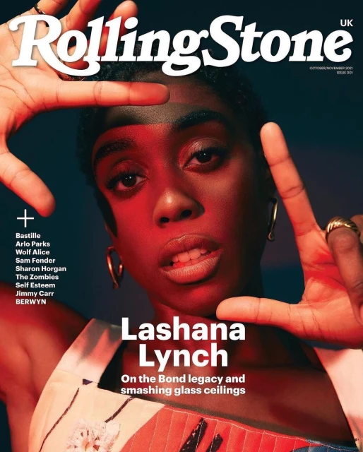 Magazine cover featuring Lashana Lynch in a close-up shot, framing her face with her hands. The magazine's logo, Rolling Stone, is at the top.