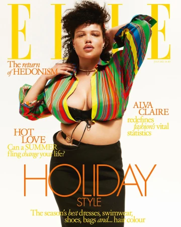 Elle magazine cover featuring a woman in a striped shirt and black skirt, with bold yellow magazine title and cover text.