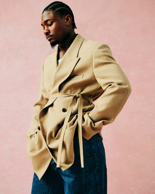 Portrait of an adult male wearing a tan, belted jacket and dark jeans against a light pink backdrop in a studio setting.