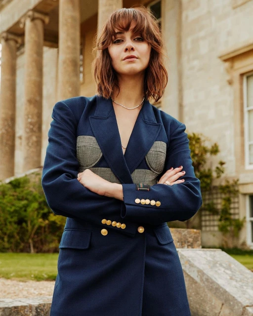 A woman poses in a blue blazer with gold buttons outdoors, set against an old building with columns, capturing a stylish, confident portrait.