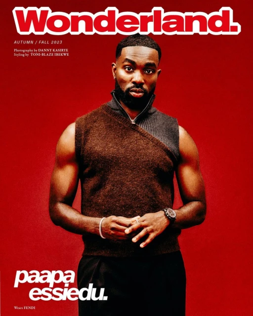 Magazine cover featuring a Black male model in a brown knit vest against a red backdrop, promoting Wonderland's Autumn/Fall 2023 issue.