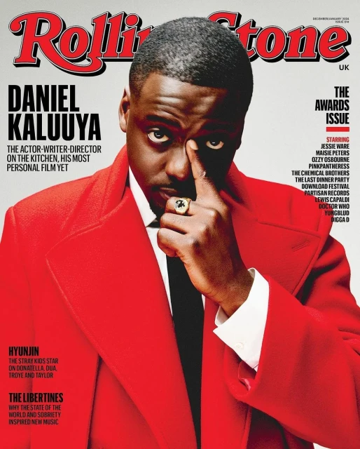 Rolling Stone magazine cover featuring Daniel Kaluuya in a red coat, striking pose, and the magazine's logo.