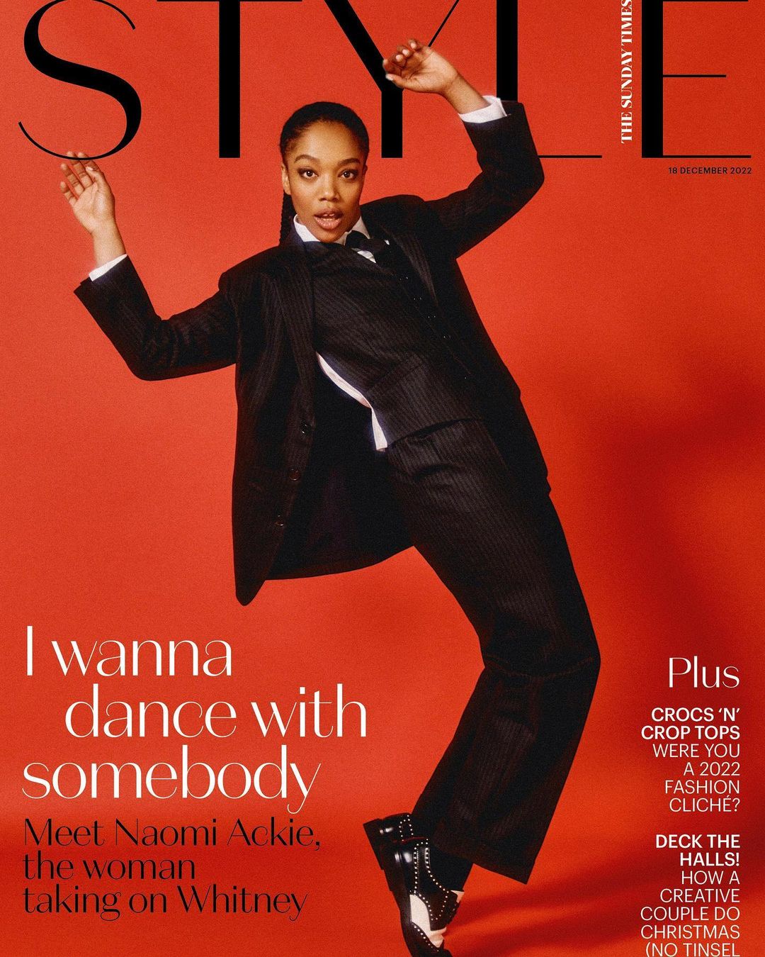 Magazine cover features a person in a suit dancing against a red background, with text including 'Style', 'I Wanna Dance With Somebody'.