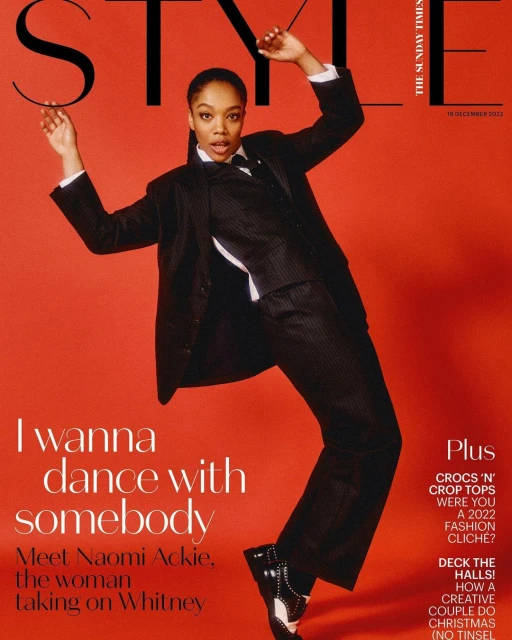 Magazine cover features a person in a suit dancing against a red background, with text including 'Style', 'I Wanna Dance With Somebody'.