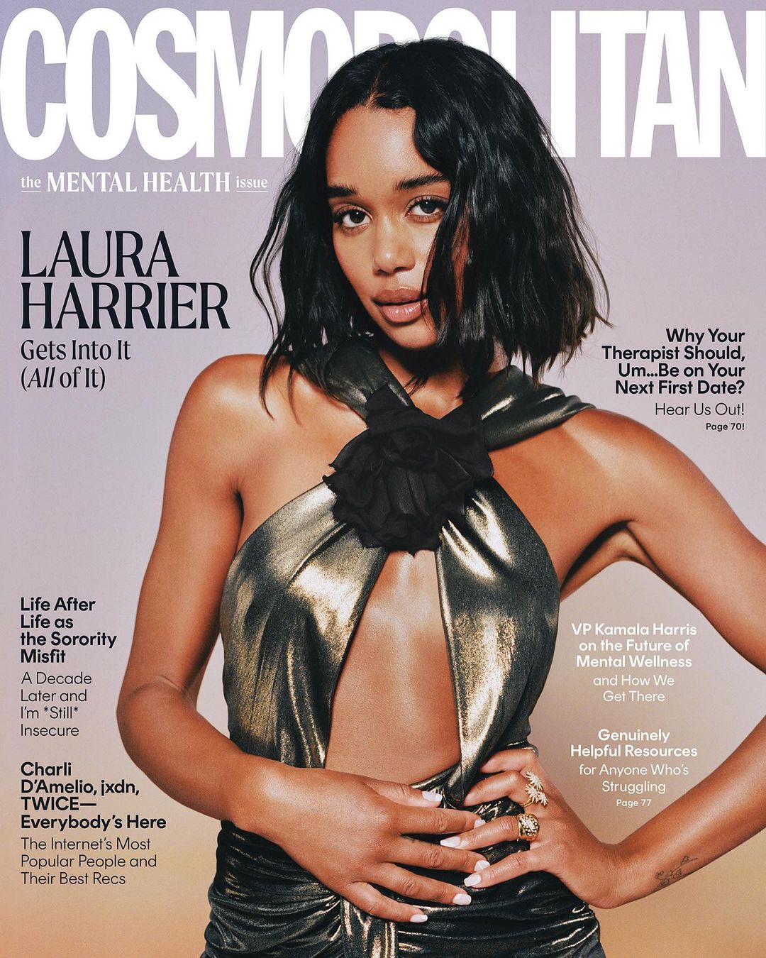 Cosmopolitan magazine cover featuring Laura Harrier in a gold dress, promoting a mental health issue with various article teasers.