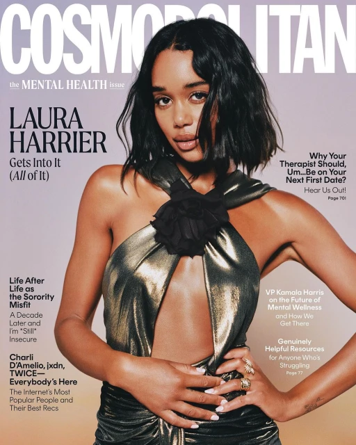 Cosmopolitan magazine cover featuring Laura Harrier in a gold dress, promoting a mental health issue with various article teasers.