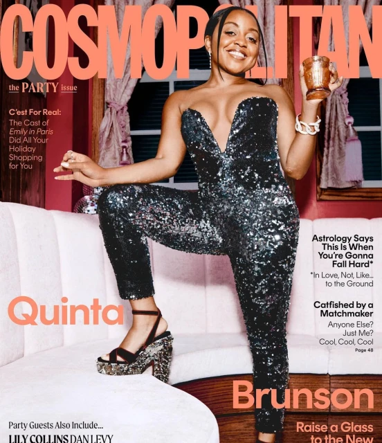Cosmopolitan magazine cover featuring Quinta Brunson wearing a sparkly jumpsuit, holding a glass, and standing on a white couch.