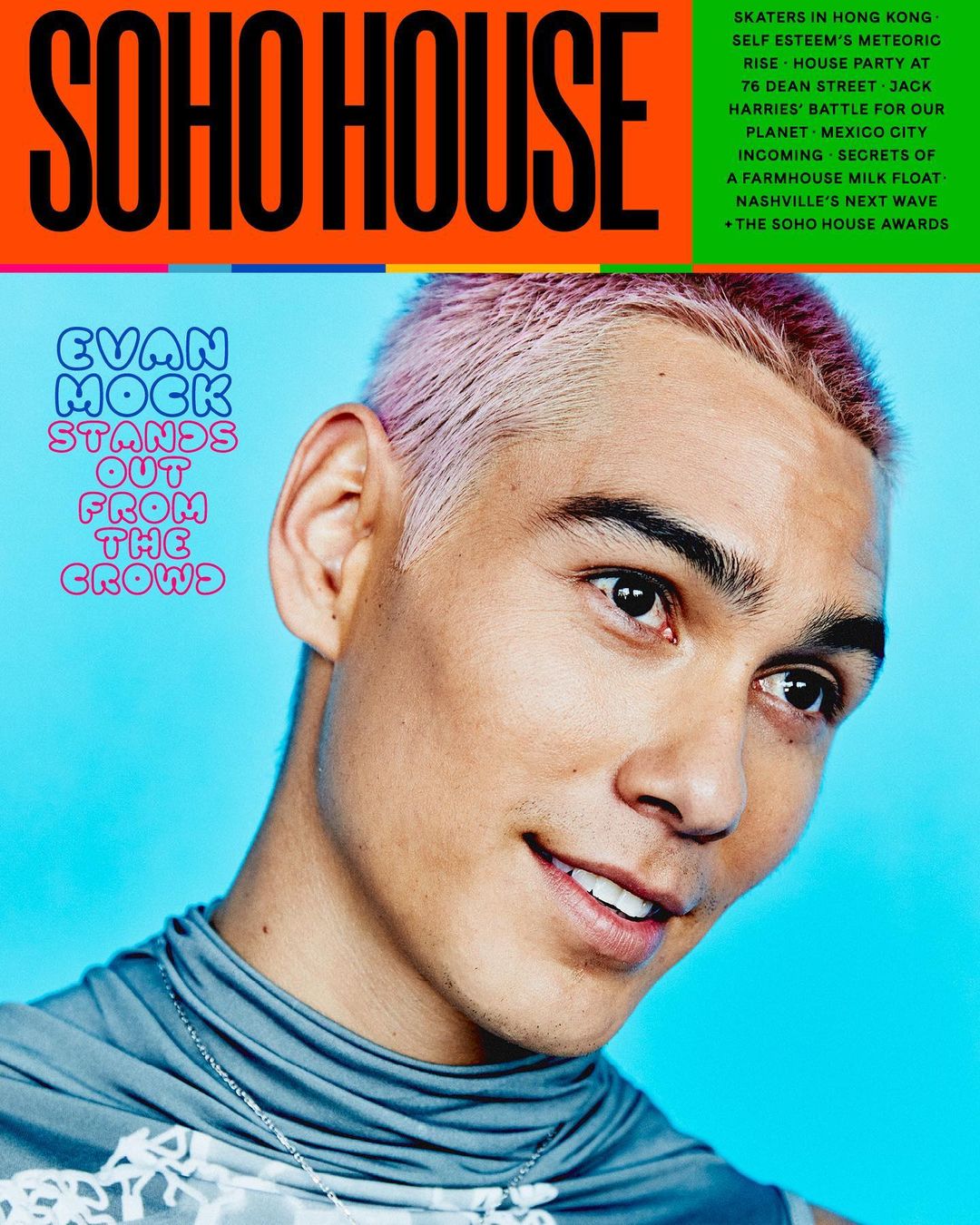 Magazine cover featuring Evan Mock with pink hair, wearing a gray top and chain against a blue background with 'Soho House' masthead.