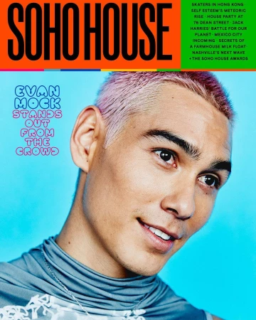 Magazine cover featuring Evan Mock with pink hair, wearing a gray top and chain against a blue background with 'Soho House' masthead.