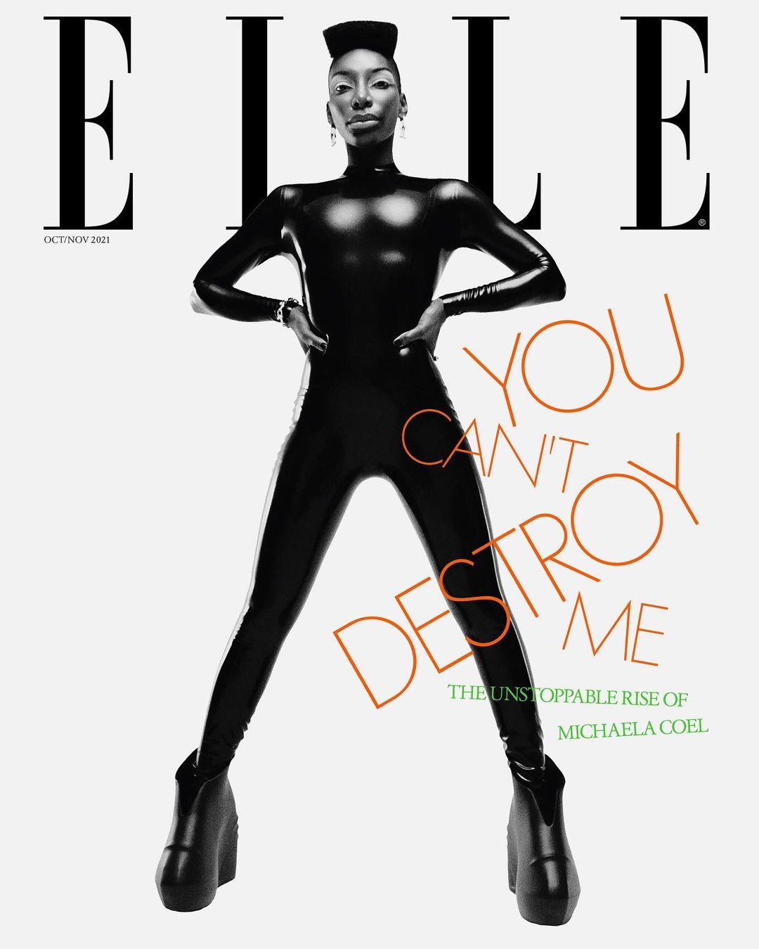 Elle Magazine cover featuring Michaela Coel in a black latex suit and chunky boots. The text 'You Can't Destroy Me' in orange is visible.