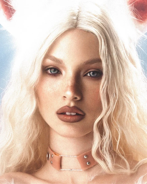 Close-up portrait of a young adult woman with fair skin, platinum blonde hair, and rabbit ears, wearing a pink collar necklace.