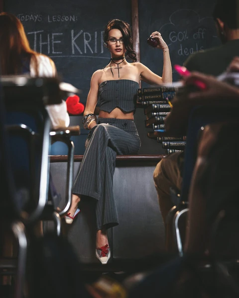 Female fashion model poses in a classroom setting with a blackboard background and fellow students, wearing gray pinstripe outfit.