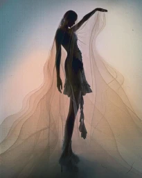 Model in sheer flowing veil dress posing against a warm gradient background captured by photographer Grace Scuitto.