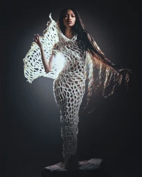 Model in a white knit dress with winged structural details photographed by Grace Scuitto against a dark background