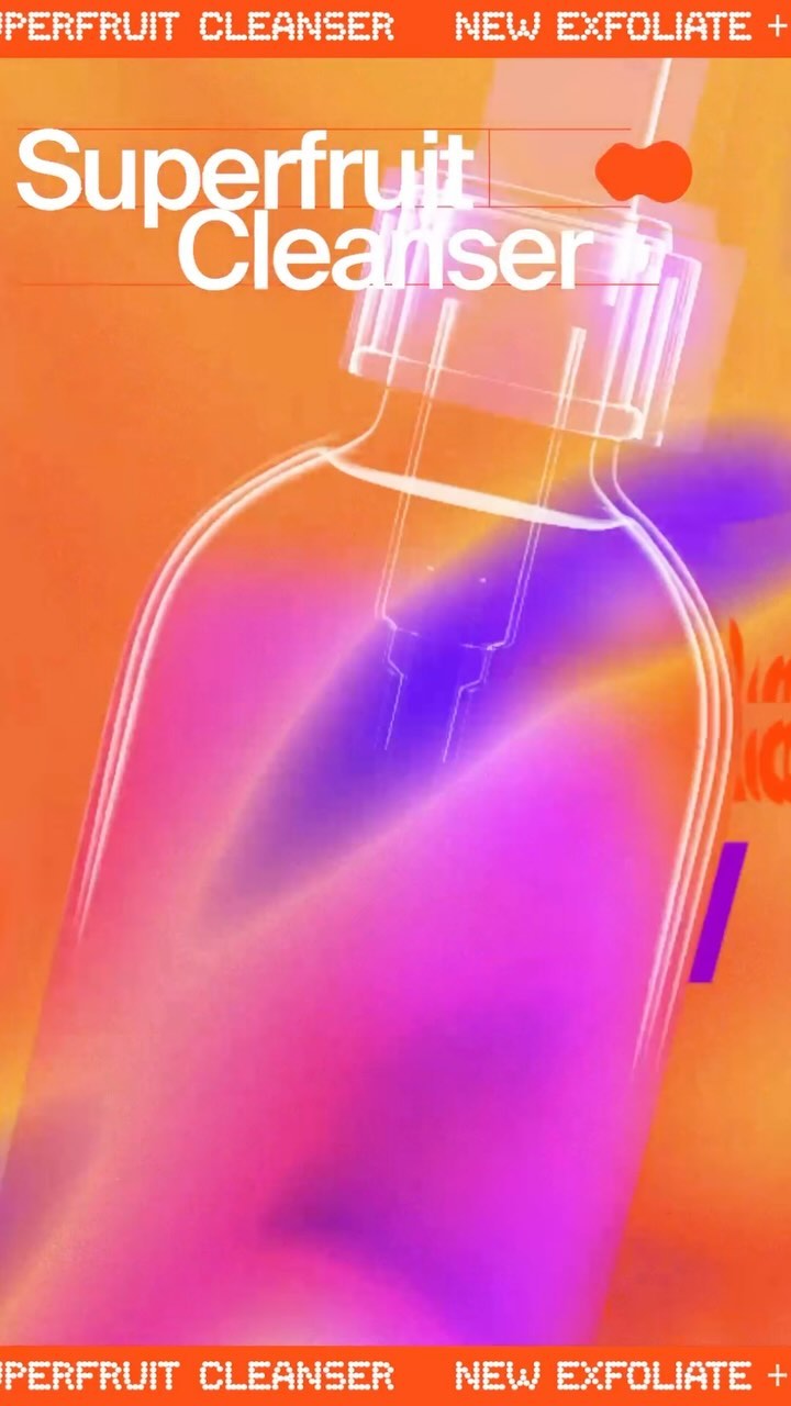 Superfruit cleanser bottle with dropper on an orange background, product shot, gradient colors, skincare product display.