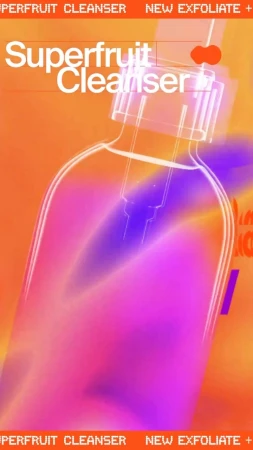 Superfruit cleanser bottle with dropper on an orange background, product shot, gradient colors, skincare product display.