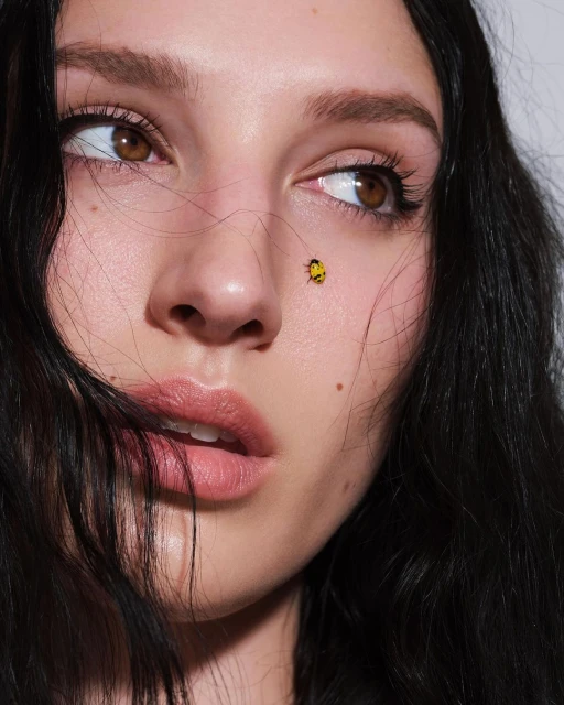 Close-up portrait of a fair-skinned woman with brunette hair and brown eyes looking up, featuring a yellow ladybug on her cheek.