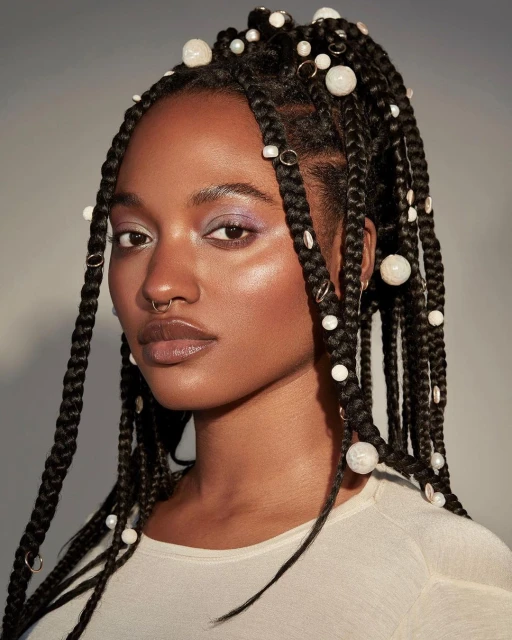 Close-up of a woman with braided hair adorned with white spheres and golden rings, showcasing her complexion and subtle makeup.