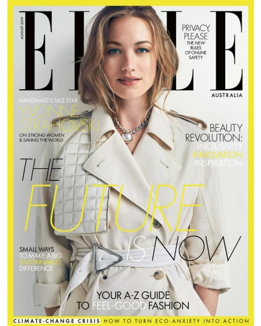 Elle Australia magazine cover featuring Yvonne Strahovski wearing a trench coat against a yellow background with bold typography.
