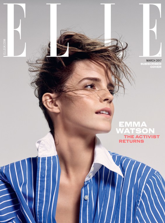 Elle magazine cover featuring Emma Watson in a blue striped shirt against a soft gray background, with magazine masthead and cover text.