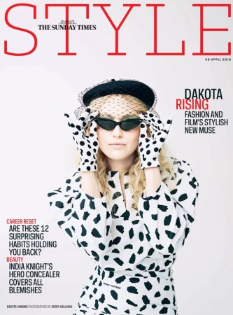 Magazine cover featuring a woman with blonde hair, wearing a black and white polka dot dress and gloves, sunglasses, and a netted hat.