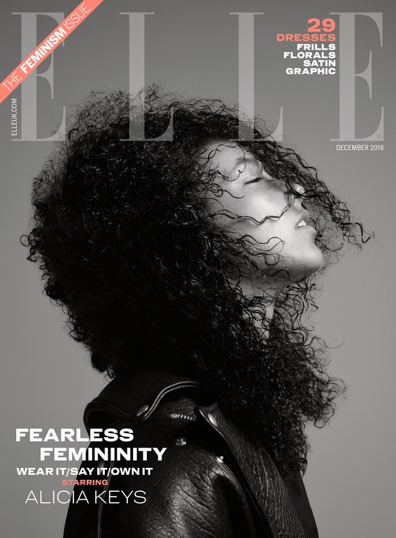 Elle Magazine cover featuring Alicia Keys with dark curly hair, wearing a black leather jacket against a grey backdrop with overlaid text.