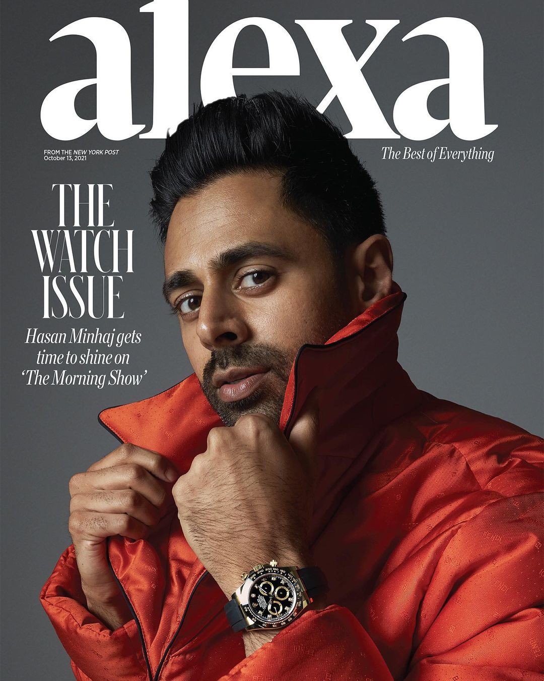 Magazine cover featuring Hasan Minhaj wearing a red jacket and watch against a gray background. Text includes 'alexa', 'The Watch Issue'.
