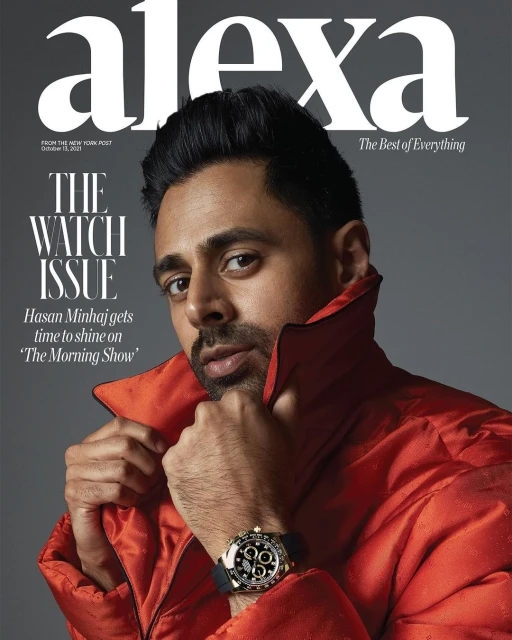 Magazine cover featuring Hasan Minhaj wearing a red jacket and watch against a gray background. Text includes 'alexa', 'The Watch Issue'.