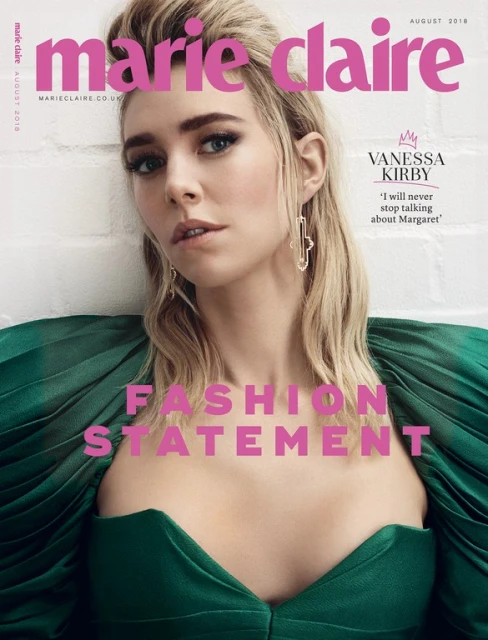Vanessa Kirby on the cover of Marie Claire magazine, August 2018 issue, wearing a green strapless dress, indoor setting, close-up shot.