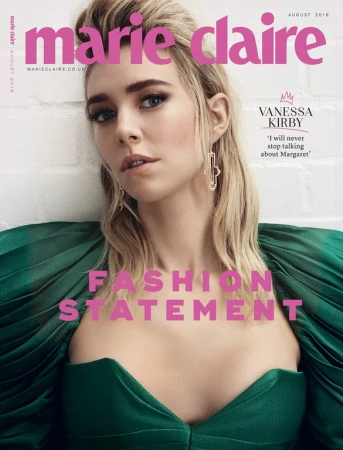 Vanessa Kirby on the cover of Marie Claire magazine, August 2018 issue, wearing a green strapless dress, indoor setting, close-up shot.