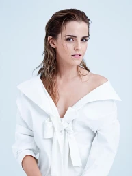 Portrait of Emma Watson with wet hair wearing an off-the-shoulder white top against a clean light background