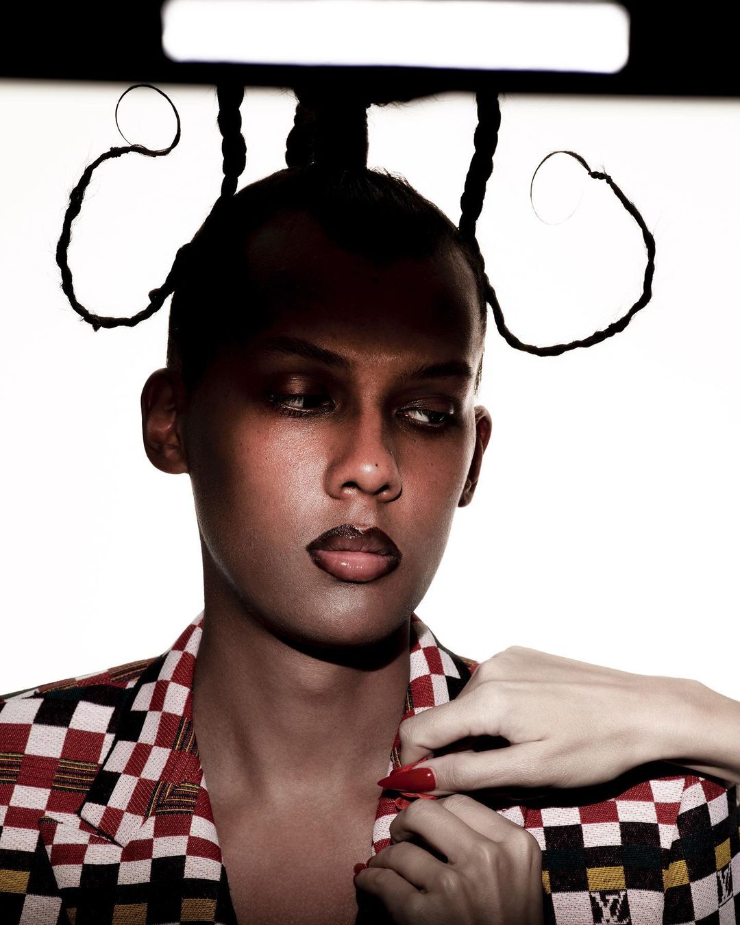 Portrait of an adult male wearing a patterned blazer, dark lipstick, and an elaborate hairstyle with braided extensions, against a white backdrop.