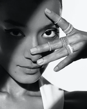Elegant portrait of a woman showcasing an array of rings on her fingers, partially obscuring her face, in a monochrome color palette.