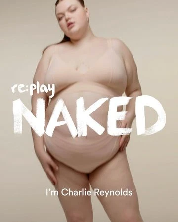 Portrait of a plus-size adult woman in underwear posing in a photo studio against a neutral background. The image includes text overlay.
